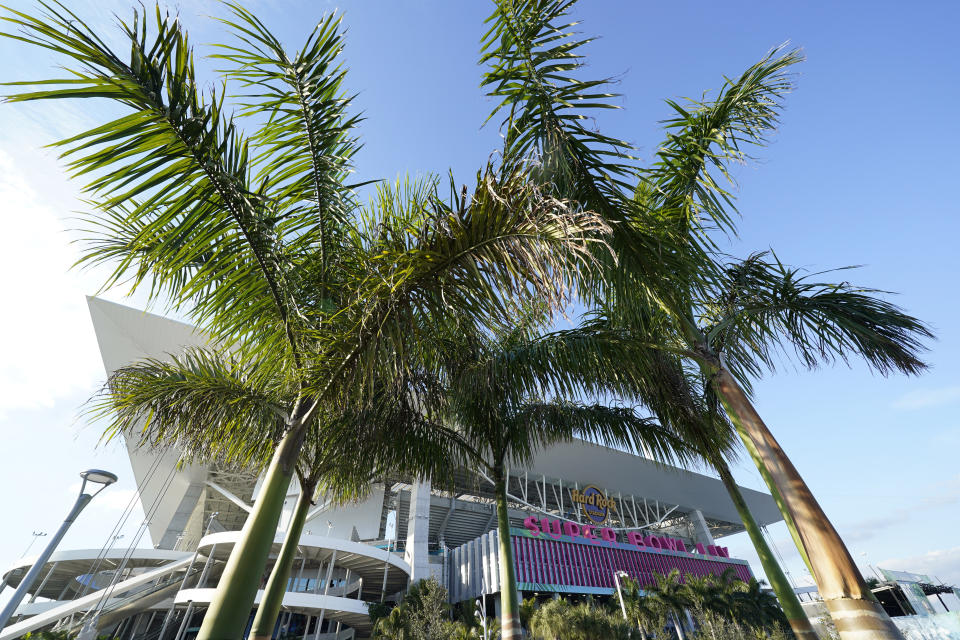 Hard Rock Stadium is shown Thursday, Jan. 30, 2020, in Miami Gardens, Fla., in preparation for the NFL Super Bowl 54 football game. (AP Photo/David J. Phillip)