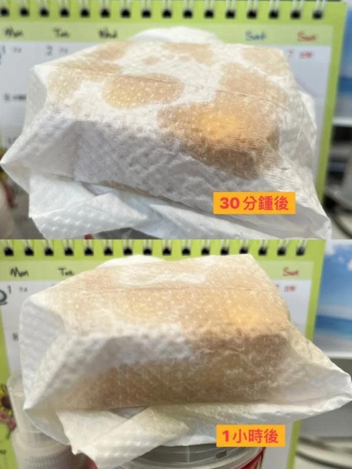有位網友將鳳梨酥用餐巾紙包起來，結果過了一個小時後，整張餐巾紙幾乎吸滿油脂。（翻攝自Dcard論壇）