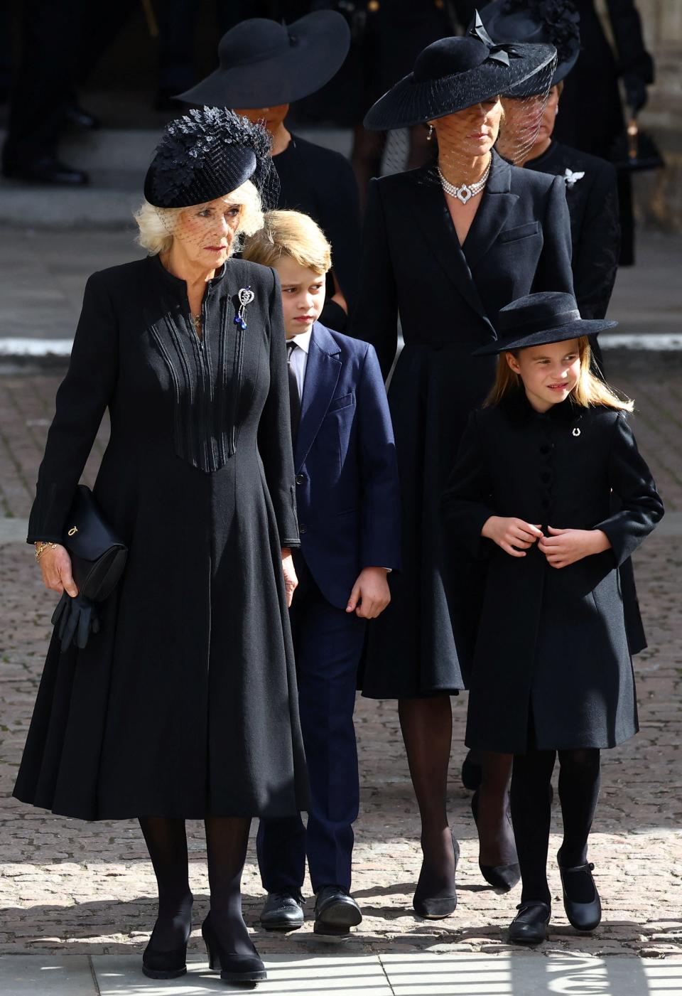 Camilla, Queen Consort, Prince George, Princess Charlotte, Catherine, Princess of Wales, Meghan, Duchess of Sussex, and Sophie, Countess of Wessex, seen after the State Funeral of Queen Elizabeth II on September 19, 2022 in London, England.