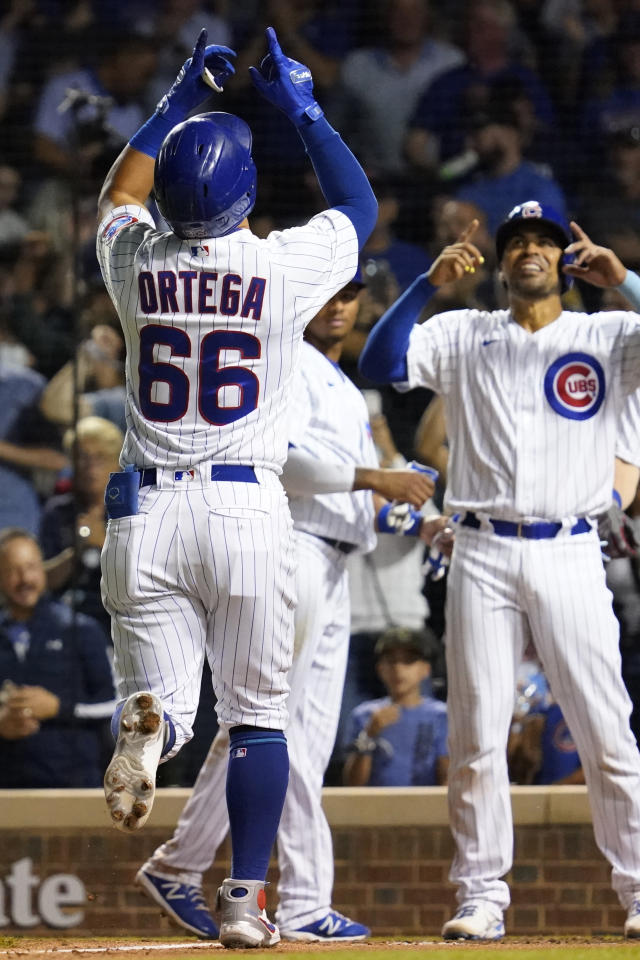 The Chicago Cubs' Frank Schwindel, Rafael Ortega, and Patrick