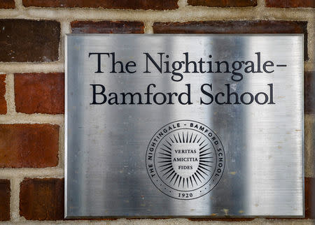 A plaque is seen in the entrance way to the Nightingale-Bamford School, an independent K-12 girls' school, in New York City, U.S., August 18, 2018. REUTERS/Brendan McDermid