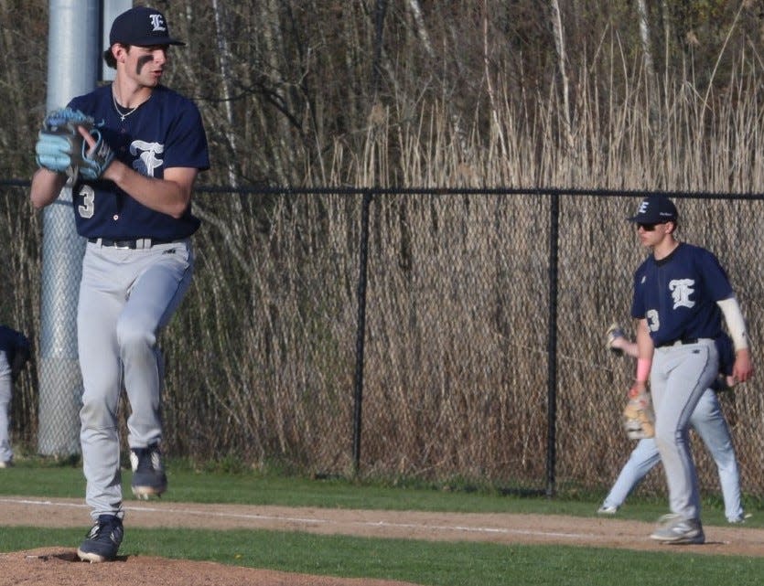Junior Hayden Schimoler went 5 1/3 innings on mound, and made a game-saving play in shallow center to preserve a 3-2 win for the Exeter High School baseball team over Portsmouth on Monday in a Division I game.