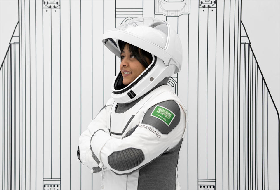 Ax-2 mission specialist Rayyanah Barnawi in a spacesuit.