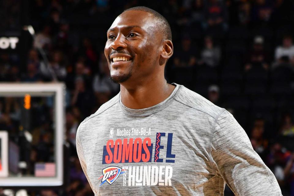 <p>Barry Gossage/NBAE via Getty</p> Bismack Biyombo #15 of the Oklahoma City Thunder smiles before the game