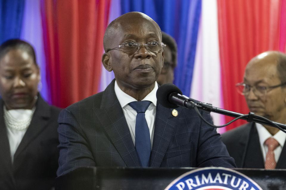 Interim Prime Minister Michel Patrick Boisvert speaks during the swearing-in ceremony of the transitional council tasked with selecting a new prime minister and cabinet, in Port-au-Prince, Haiti, Thursday, April 25, 2024. Boisvert was previously the economy and finance minister. (AP Photo/Ramon Espinosa)