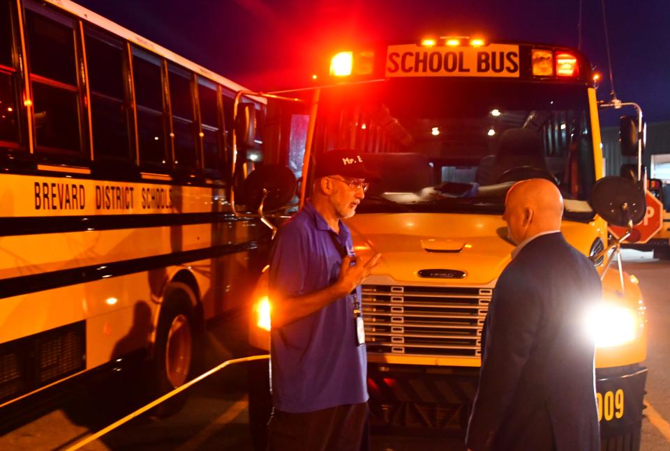 Superintendent of Brevard Schools Mark Rendell started the first day of school early, starting at the south bus yard at 5:45 a.m. He was talking to school bus driver Edwin Lopez before Lopez started his route. Rendell was on his way to Discovery Elementary School .