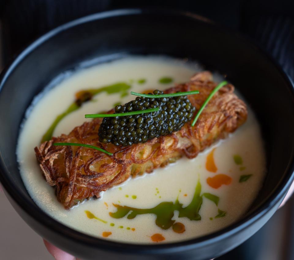 Half-ounce caviar with pommes rosti and champagne cream tops the signature menu offerings at Gemma Fish + Oyster, the new upscale restaurant and raw bar with rooftop dining at East San Marco.