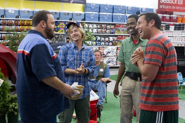 This film publicity image released by Columbia Pictures shows, from left, Kevin James, David Spade, Jonathan Loughran, seated, Chris Rock, and Adam Sandler in a scene from "Grown Ups 2." (AP Photo/Sony - Columbia Pictures, Tracy Bennett)