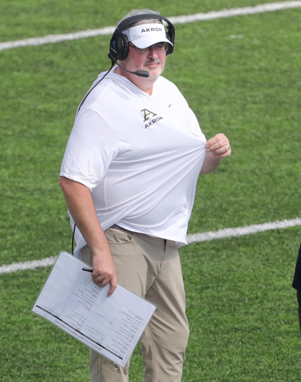 University of Akron coach Joe Morehead on the sidelines during the Zips' OT loss to Buffalo on Saturday in Akron.