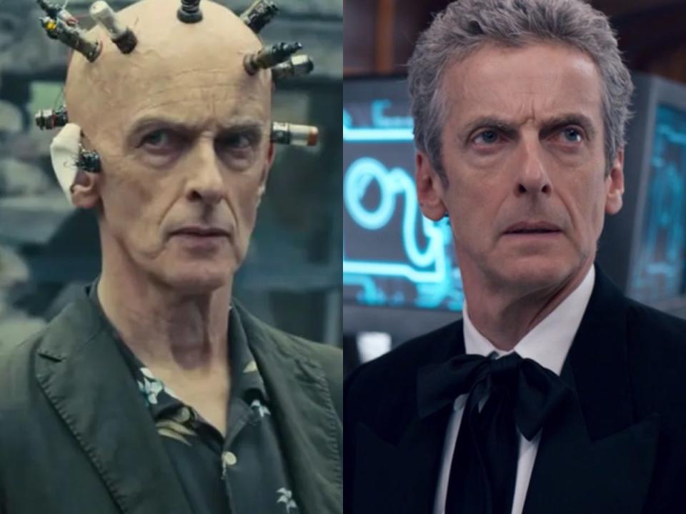 On the left: Peter Capaldi as the Thinker in "The Suicide Squad." On the right: Capaldi as the Doctor in "Doctor Who."