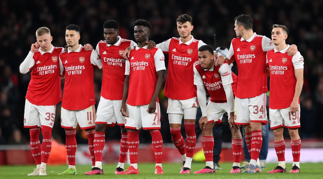  Arsenal players look on during the penalty shootout in the UEFA Europa League last 16 second leg match between Arsenal and Sporting Lisbon at the Emirates Stadium on March 16, 2023 in London, United Kingdom. 