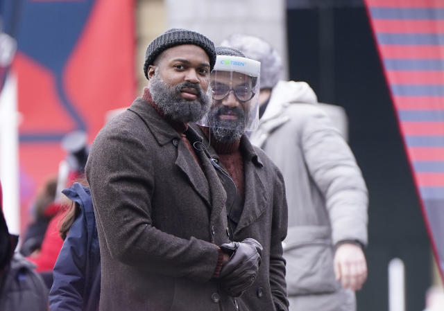 Two stunt doubles for Samuel L Jackson on the set for the filming of Marvel&#39;s Secret Invasion, at The Piece Hall in Halifax, West Yorkshire. Picture date: Friday January 28, 2022.