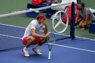 Alexander Zverev, of Germany, reacts during a match against Borna Coric, of Croatia, during the quarterfinals of the US Open tennis championships, Tuesday, Sept. 8, 2020, in New York. (AP Photo/Seth Wenig)