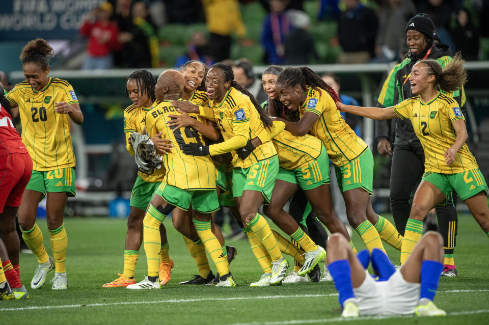 Jamaica's players celebrate qualifying for the last 16 after the FIFA Women's World Cup Australia & New Zealand 2023 Group F match between Jamaica and Brazil at Melbourne Rectangular Stadium, August 2, 2023, in Melbourne, Australia. / Credit: Will Murray/Getty