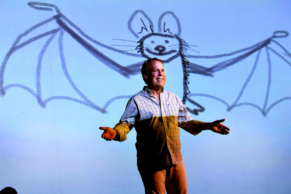 Brian Lies thanks the audience in the Paramount Theatre at the conclusion of his program “Sketch with Brian” as the Children’s Art and Literacy Festival kicked off Thursday.