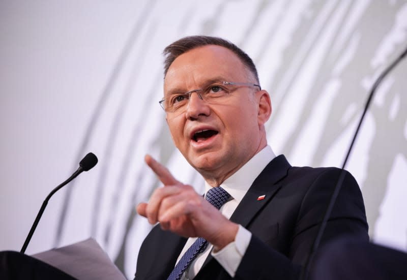 Polish President Andrzej Duda speaks at an event during the World Economic Forum Annual Meeting 2024 in Davos. Hannes P Albert/dpa