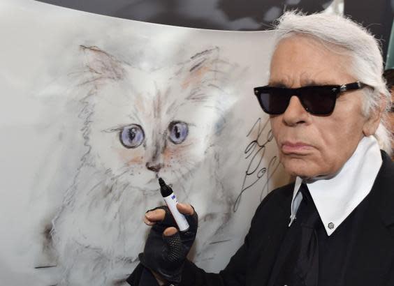 Lagerfeld next to a painting of his cat Choupette during the inauguration of the 2015 show ‘Corsa Karl and Choupette’ at the Palazzo Italia in Berlin (Getty)