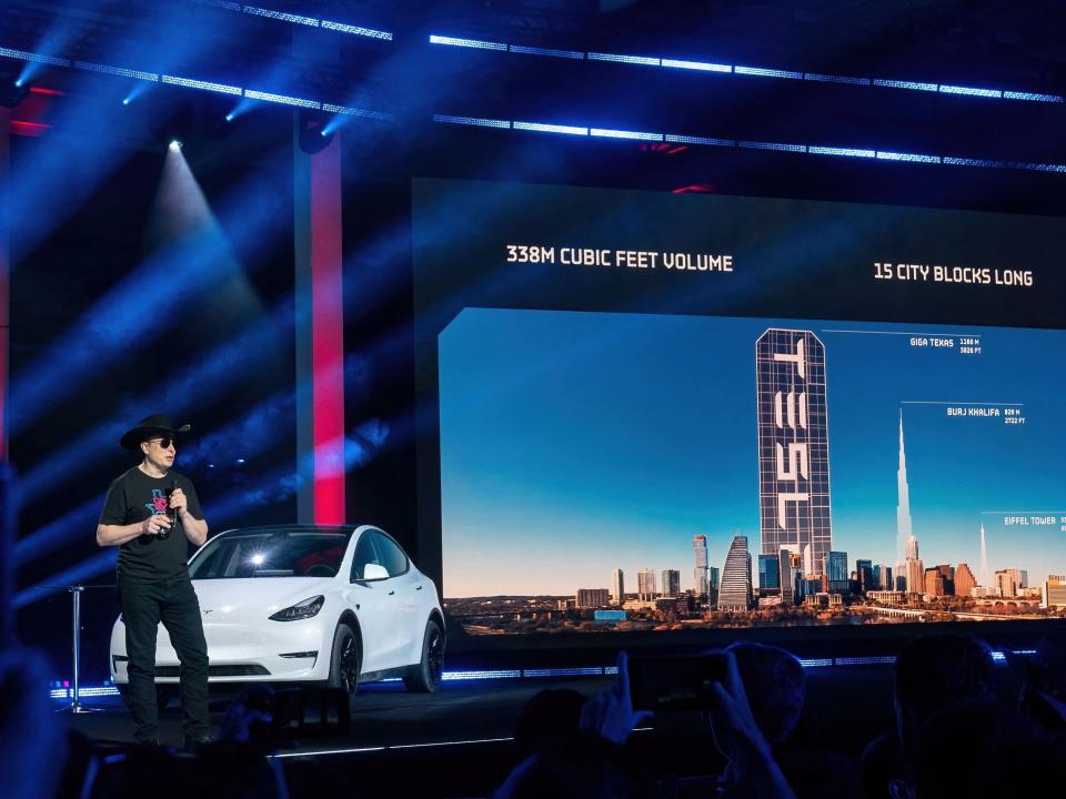 CEO of Tesla Motors Elon Musk speaks at the Tesla Giga Texas manufacturing "Cyber Rodeo" grand opening party on April 7, 2022 in Austin, Texas.