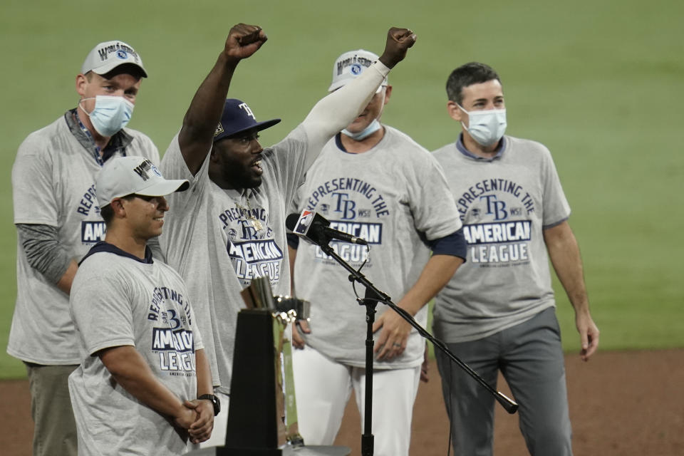 坦帕灣光芒稱霸美聯，Randy Arozarena拿下美聯冠軍戰MVP。（AP Photo/Gregory Bull）