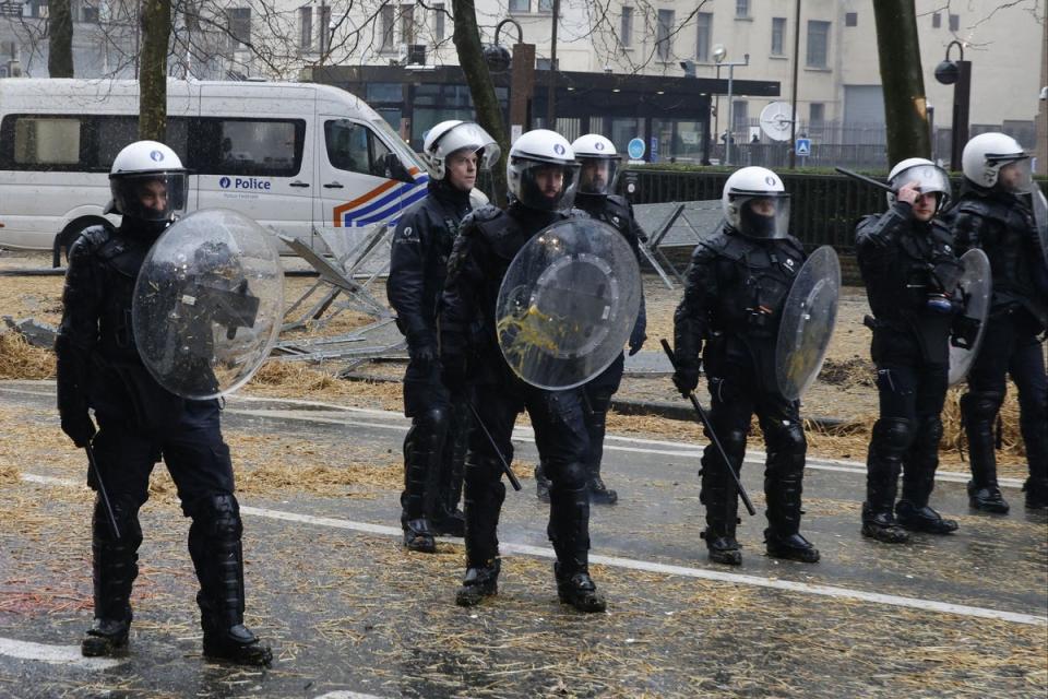 Manure appeared to be splattered on shields carried by officers (BELGA/AFP via Getty Images)