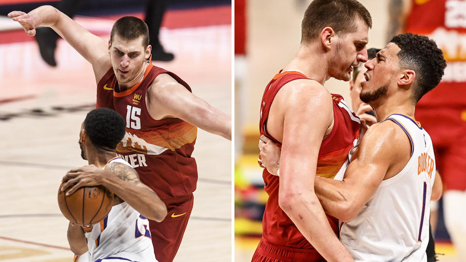 Nikola Jokic's hard foul on Phoenix Suns guard Cameron Payne led to a scuffle between the Suns and Nuggets, and Jokic being ejected from game. Pictures: Getty Images