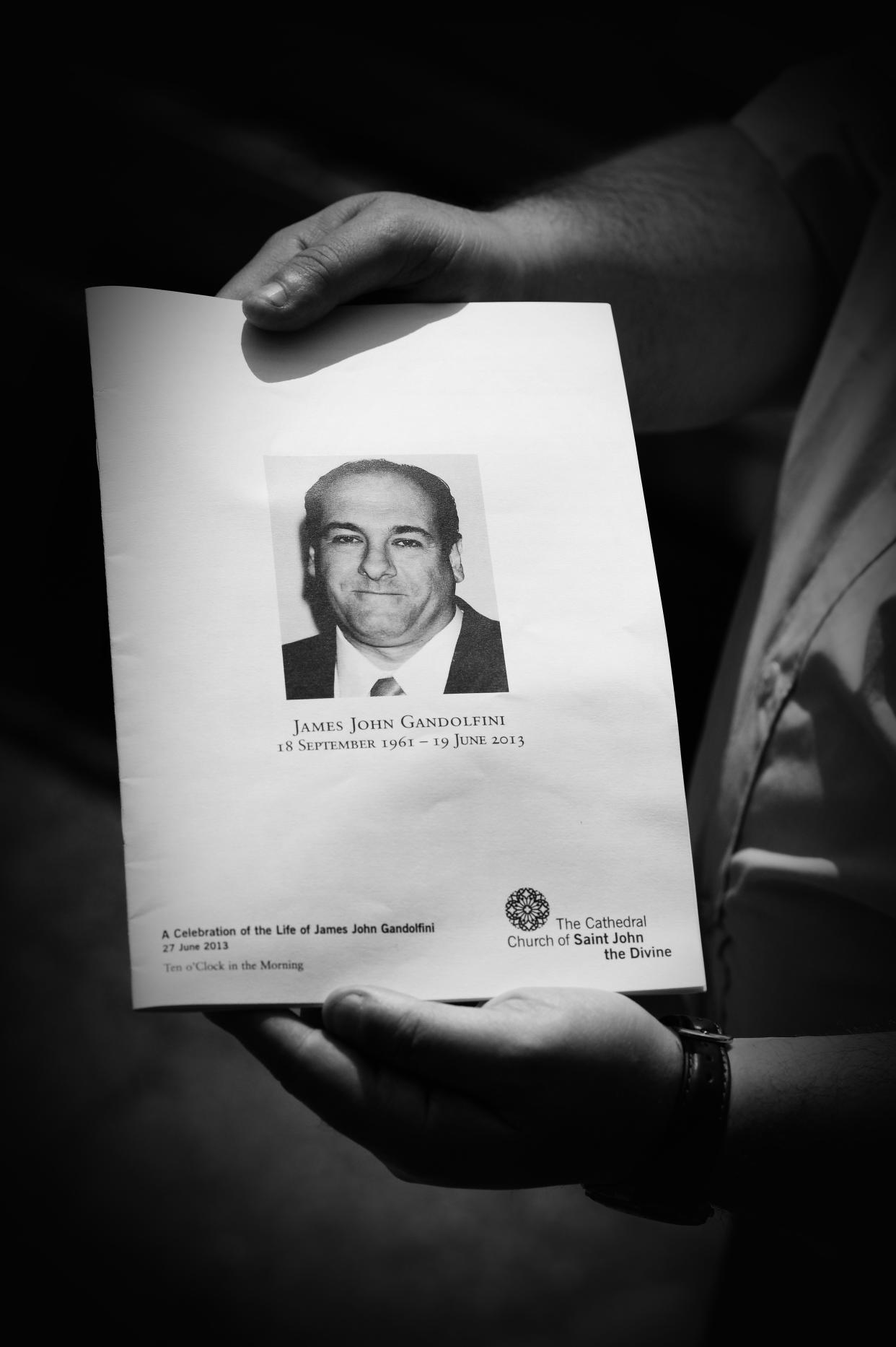 NEW YORK, NY - JUNE 27:  (EDITORS NOTE: Image has been digitally altered.) A view of the program given out at the funeral for actor James Gandolfini at The Cathedral Church of St. John the Divine on June 27, 2013 in New York City. Gandolfini passed away on June 19, 2013 while vacationing in Rome, Italy.  (Photo by Mike Coppola/Getty Images)