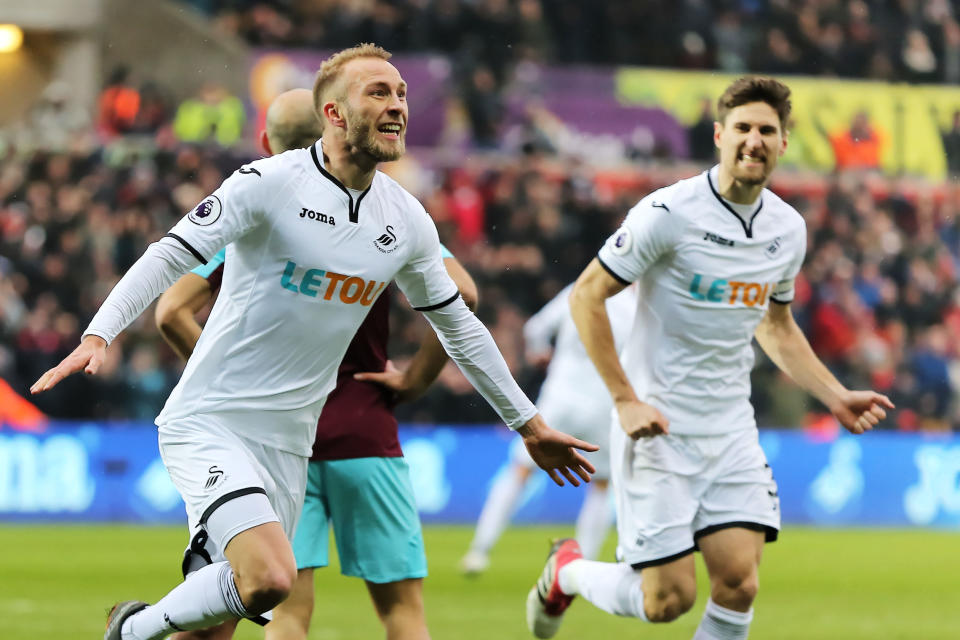 Mike van der Hoorn scores for Swansea – not the most predictable goalscorer!