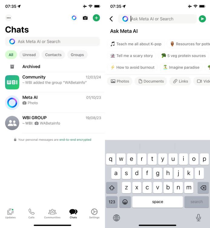 Whatsapp Meta AI integration with the search bar