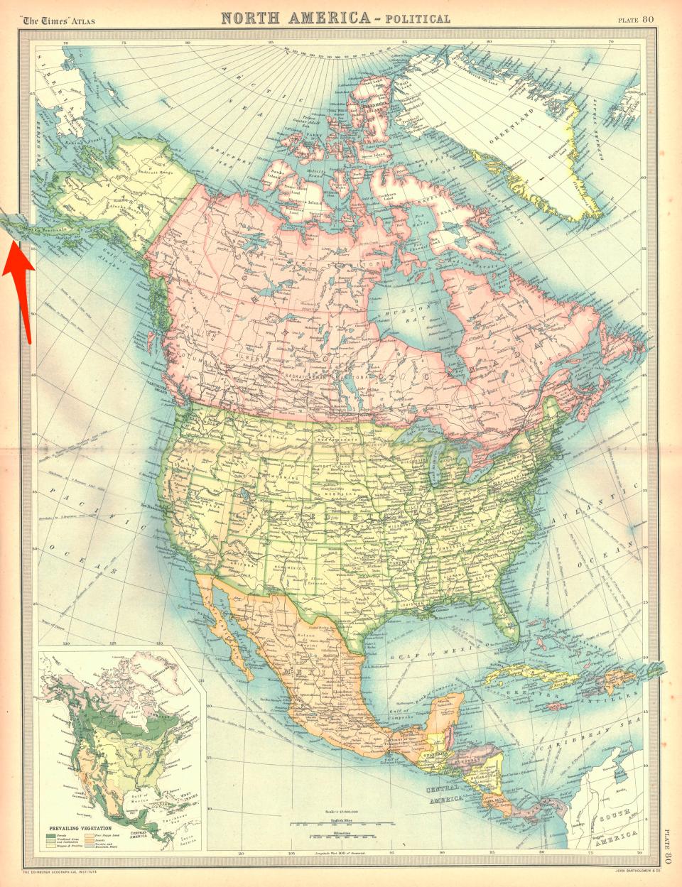 A map of North America with an arrow pointing to the Aleutian Islands in Alaska, where the Chinese surveillance balloon was first spotted.