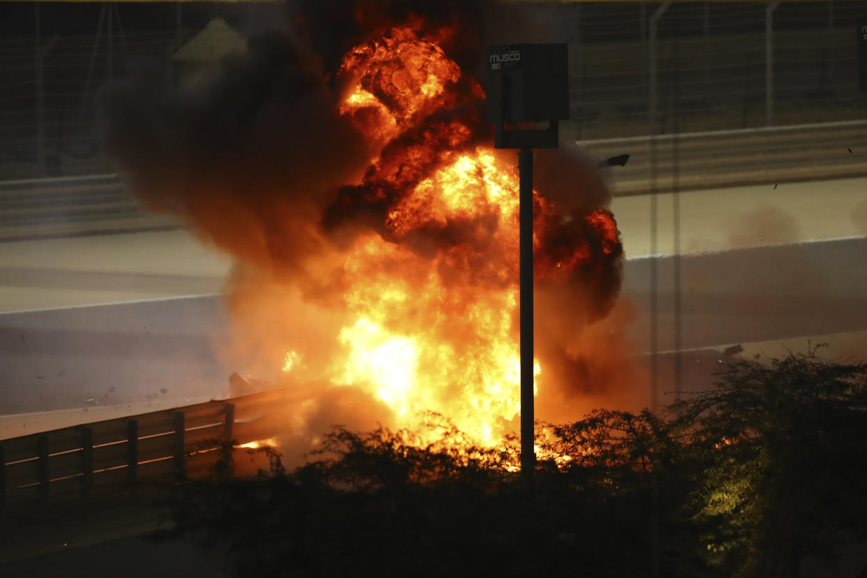 The cockpit of Romain Grosjean's car burst into flames during his wreck on Sunday. (Brynn Lennon, Pool via AP)