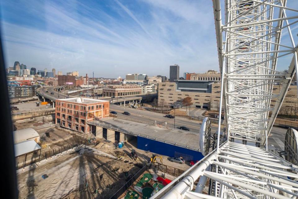 A skyline view of downtown Kansas City is seen from a gondola on the KC Wheel at Pennway Point.