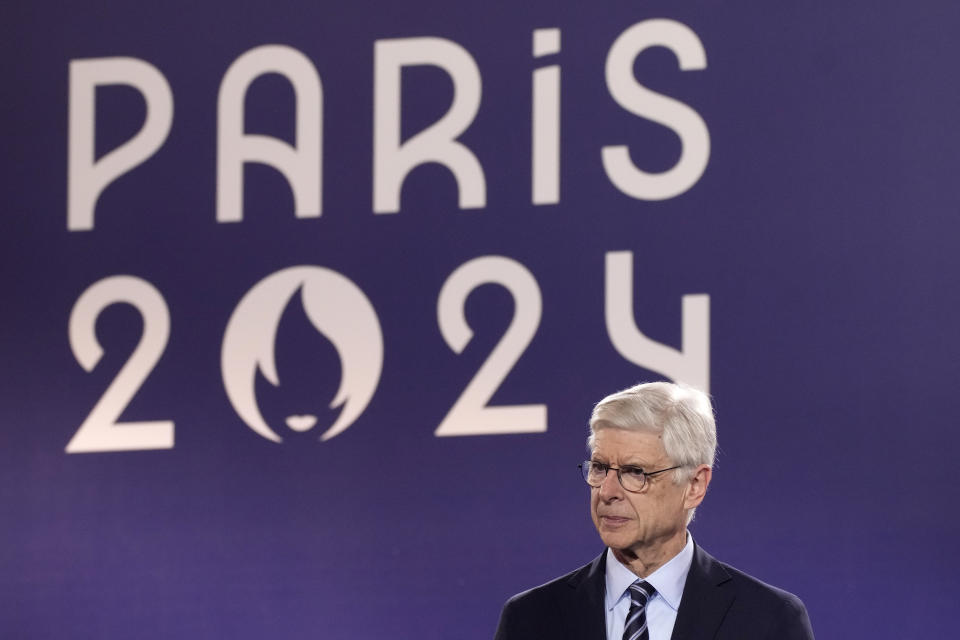 FIFA Chief of Global Soccer Development Arsene Wenger attends the draw for the Paris 2024 Olympic Soccer tournaments, Wednesday, March 20, 2024 in Saint-Denis, outside Paris. (AP Photo/Christophe Ena)