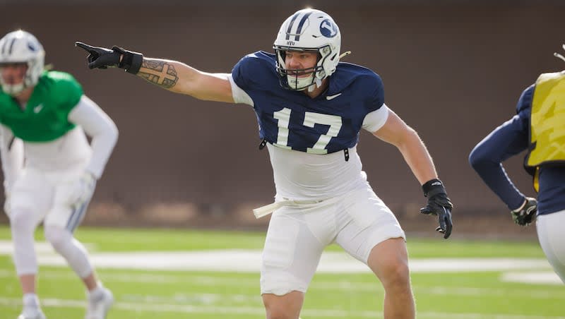 BYU linebacker Jack Kelly, a transfer from Weber State, goes through spring drills in Provo on March 8, 2024.