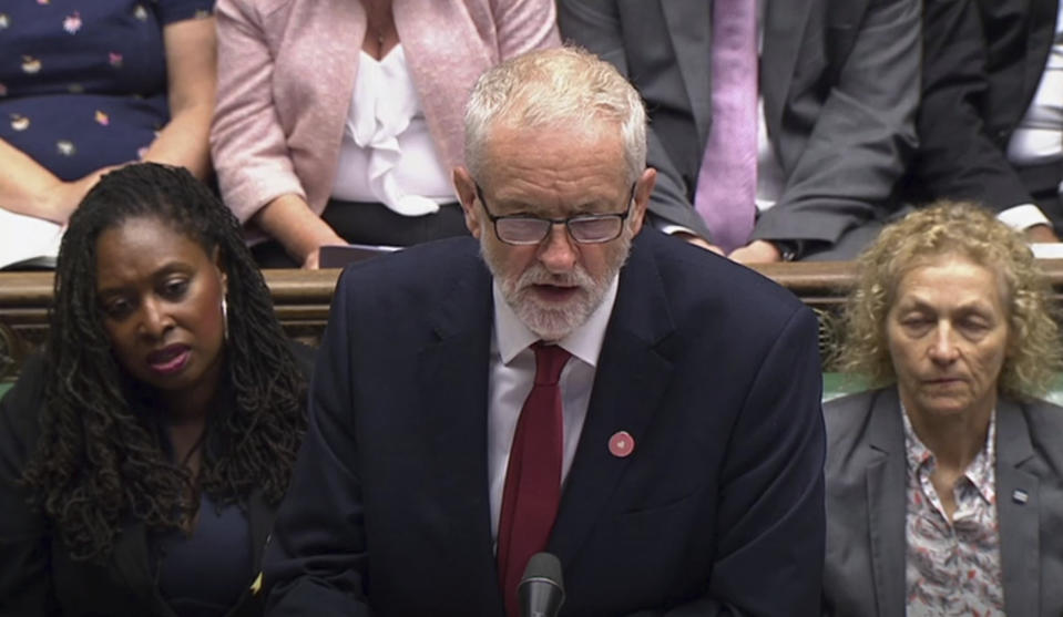 Britain's opposition party leader Jeremy Corbyn speaks during Prime Minister's Questions in the House of Commons, London, Wednesday Sept. 4, 2019. (House of Commons via PA via AP)