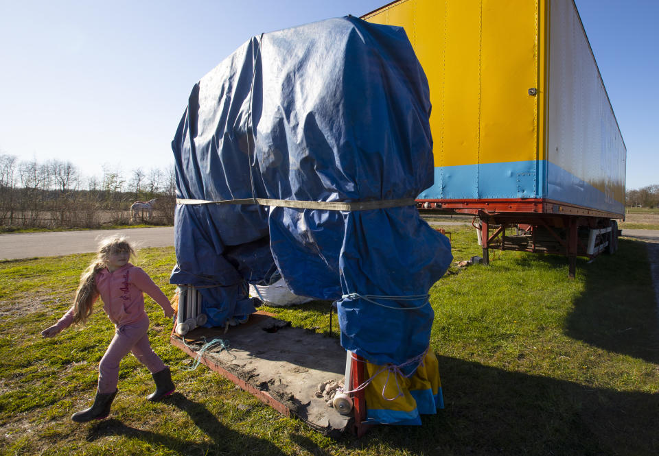 One of the children of the Renz Circus family plays around the stranded trucks and animals in Drachten, northern Netherlands, Tuesday, March 31, 2020. The circus fleet of blue, red and yellow trucks have had a fresh lick of paint over the winter. But now, as coronavirus measures shut down the entertainment industry across Europe, they have no place to go. "It's catastrophic for everybody," said Sarina Renz, of the German family circus that has been in existence since 1842. (AP Photo/Peter Dejong)