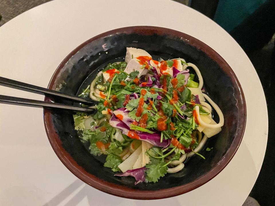 A bowl of ramen from an airport lounge.