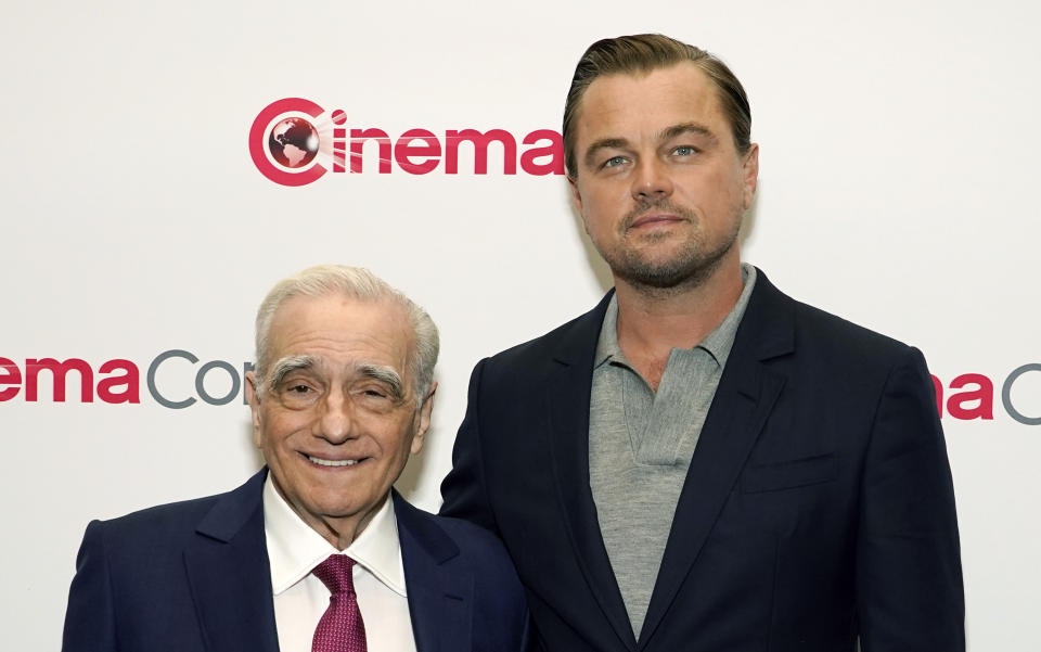 Director Martin Scorsese, left, and actor Leonardo DiCaprio pose together before the Martin Scorsese "Legend of Cinema" Award Presentation at CinemaCon 2023, the official convention of the National Association of Theatre Owners (NATO) at Caesars Palace, Thursday, April 27, 2023, in Las Vegas. (AP Photo/Chris Pizzello)