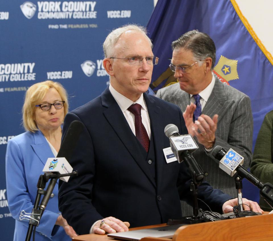 Nickolas Guertin, assistant secretary of the Navy for research, development, and acquisition, speaks during a press conference March 1, 2024, in Sanford.