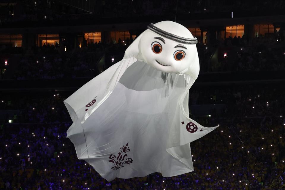 The Qatar 2022 mascot La'eeb performs during the opening ceremony (AFP via Getty Images)