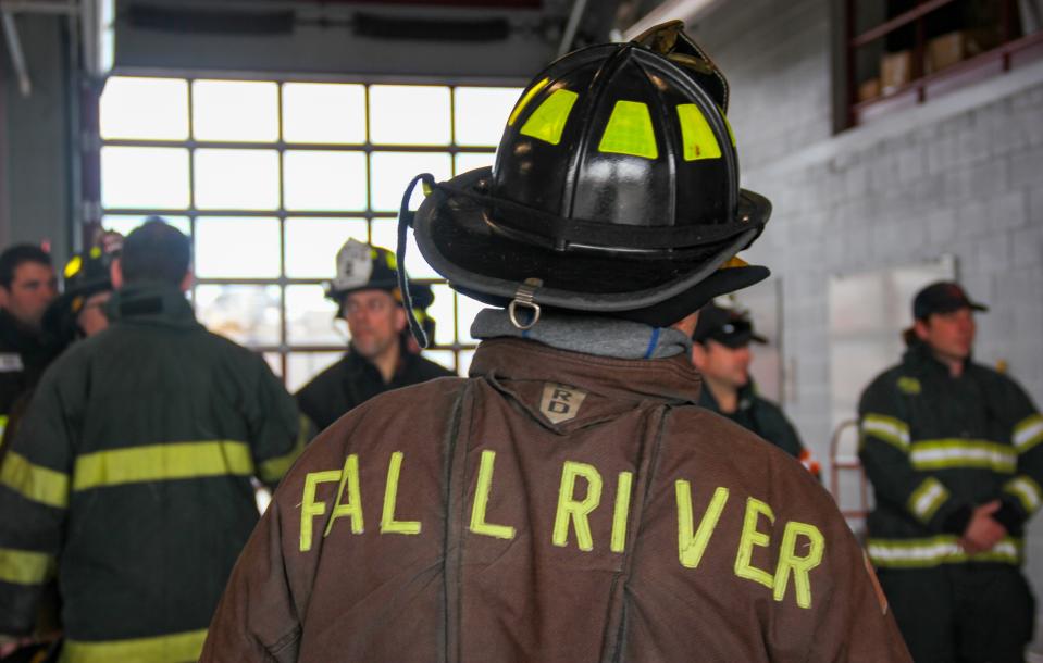 Fall River firefighter Kevin Poirier wears his turnout gear during a research study into firefighters and PFAS at Nantucket Fire Department headquarters on March 28, 2022.