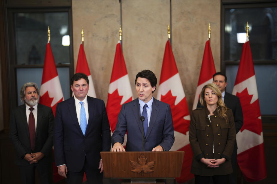 Canada's Prime Minister Justin Trudeau speaks during a news conference on Parliament Hill in Ottawa, Ontario, on Monday, March 6, 2023. Trudeau said he will appoint a special investigator to decide whether there should be a public inquiry into reports of Chinese interference in Canada's elections. (Sean Kilpatrick/The Canadian Press via AP)