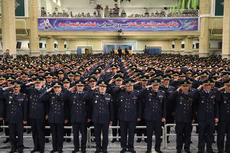 Military commanders salute during a meeting with Iran's Supreme Leader Ayatollah Ali Khamenei in Tehran, Iran, February 7, 2017. Leader.ir/Handout via REUTERS