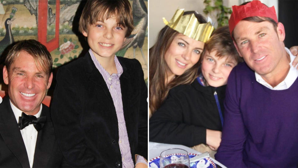 Seen here, Shane Warne poses for photos with Liz Hurley and her son Damian. 