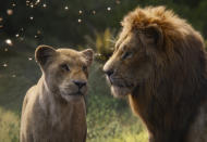 This image released by Disney shows Nala, voiced by Beyoncé Knowles-Carter, left, and Simba, voiced by Donald Glover in a scene from "The Lion King." (Disney via AP)