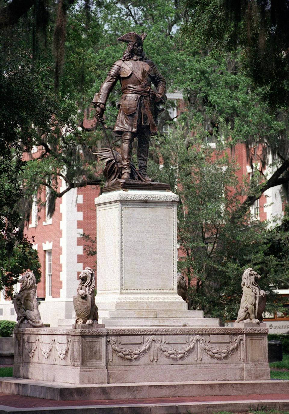 The bronze sculpture of Georgia's founder, General James Oglethorpe, was created by artist Daniel Chester French in 1910. It is said that Oglethorpe faces South in Chippewa Square to guard against the Spanish. General Oglethorpe statue in Chippewa Square.