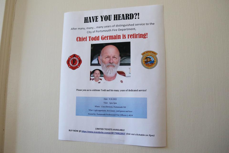 Signs posted around the Portsmouth Fire Department depict retiring Portsmouth Fire Chief Todd Germain with a fake gray beard Wednesday, Aug. 31, 2022.