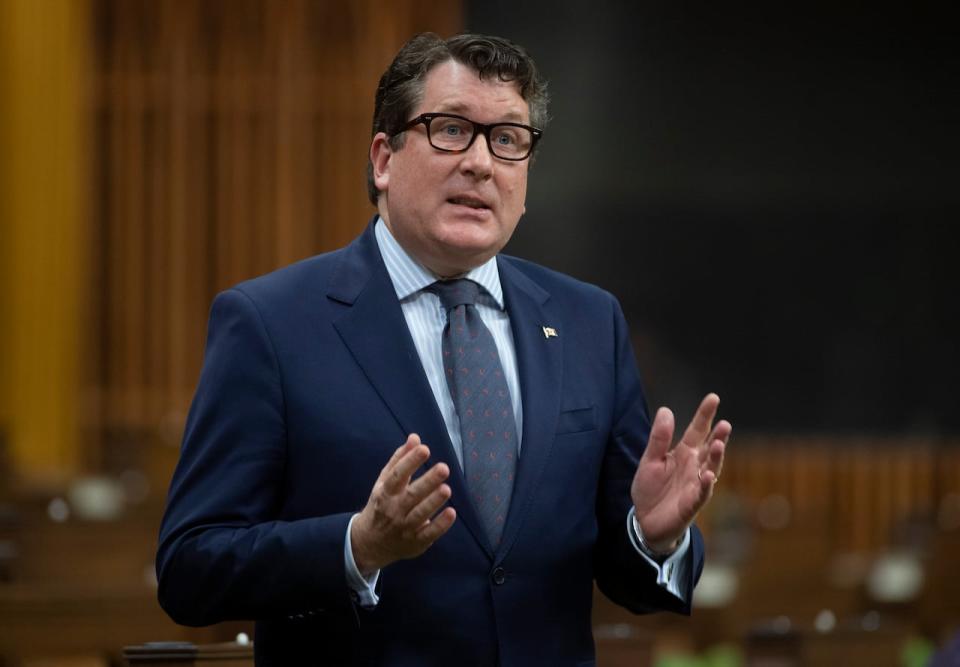 Conservative MP John Williamson rises during question period in the House of Commons on April 13, 2021, in Ottawa.