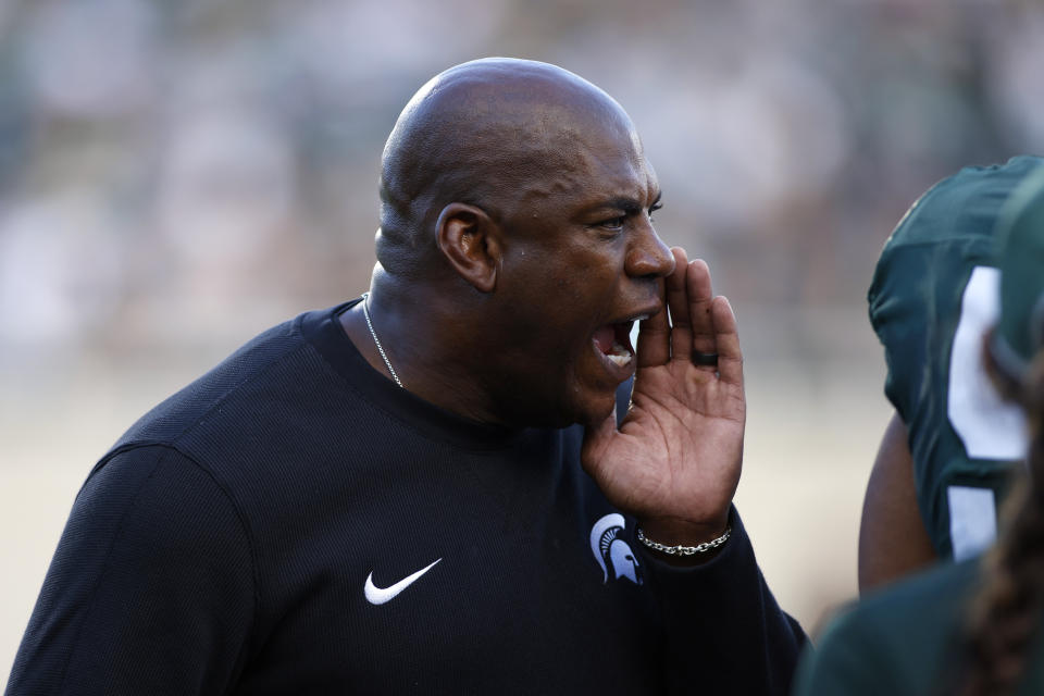 Michigan State coach Mel Tucker yells during the second half of an NCAA college football game against Richmond, Saturday, Sept. 9, 2023, in East Lansing, Mich. Michigan State won 45-14. (AP Photo/Al Goldis)