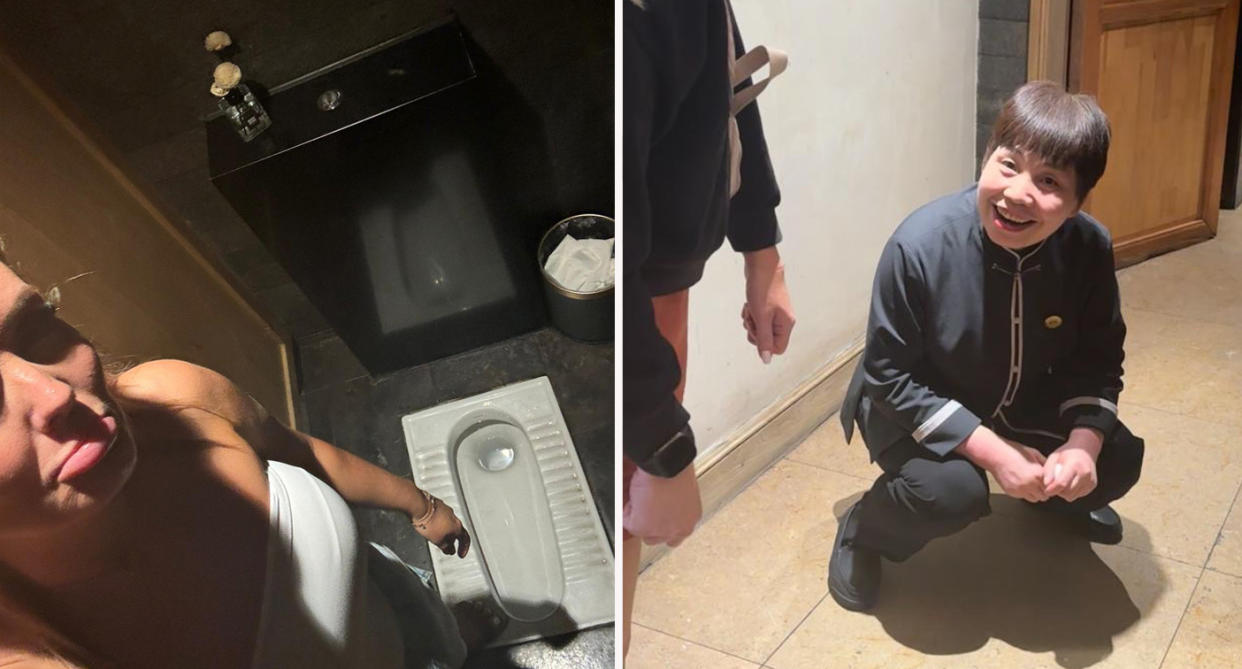 Samantha Harrison using squat toilet in Beijing asking local woman to demonstrate squat. 
