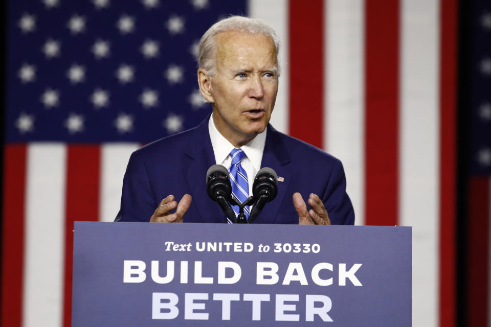 Democratic presidential candidate former Vice President Joe Biden speaks during a campaign event, Tuesday, July 14, 2020, in Wilmington, Del. (AP Photo/Patrick Semansky)